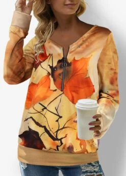 Ginger Zipper Leaf Print Long Sleeve Sweatshirt -Modlily Shop 318489 P 1666849983947