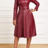 Wine Red Faux Leather Belted Long Sleeve Dress -Modlily Shop 318556 P 16669377010104