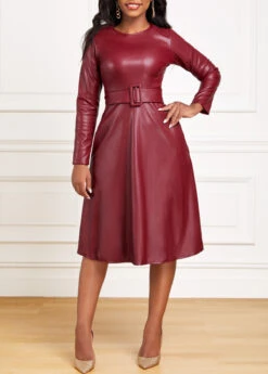 Wine Red Faux Leather Belted Long Sleeve Dress