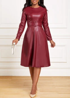 Wine Red Faux Leather Belted Long Sleeve Dress -Modlily Shop 318556 P 16669377012610