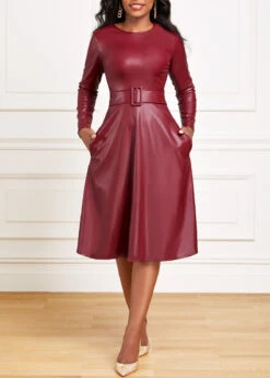 Wine Red Faux Leather Belted Long Sleeve Dress -Modlily Shop 318556 P 16669377017553