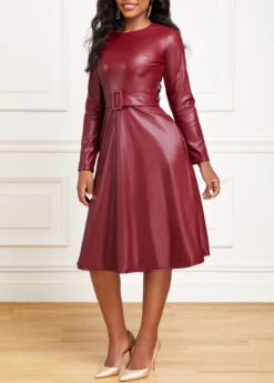 Wine Red Faux Leather Belted Long Sleeve Dress -Modlily Shop 318556 P 16669377018312