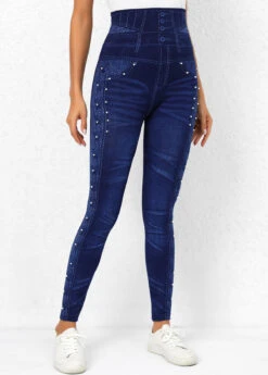 Denim Blue High Waisted Beaded Leggings -Modlily Shop 318674 P 16680614752802