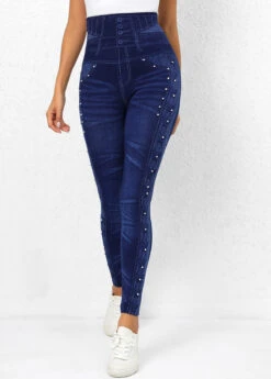 Denim Blue High Waisted Beaded Leggings -Modlily Shop 318674 P 16680614753323