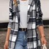 Dark Grey Pocket Plaid Long Sleeve Lapel Coat -Modlily Shop 318969 P 16675458926790