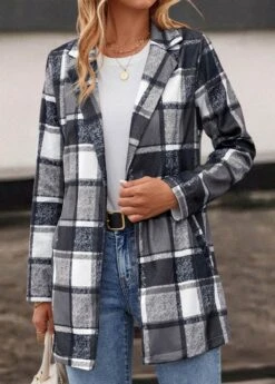 Dark Grey Pocket Plaid Long Sleeve Lapel Coat -Modlily Shop 318969 P 16675458927574