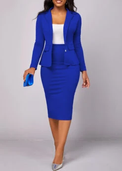 Royal Blue Long Sleeve Lapel Two Piece Suit -Modlily Shop 319073 P 16685980837823
