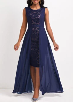 Navy Lace Sleeveless Round Neck Maxi Dress