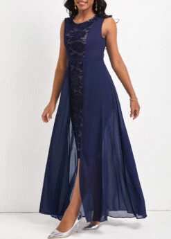 Navy Lace Sleeveless Round Neck Maxi Dress -Modlily Shop 319162 P 16734398799152