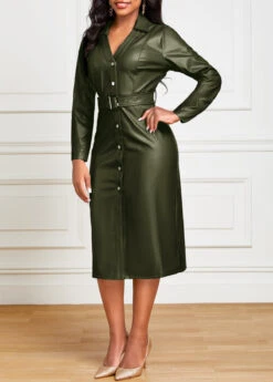Blackish Green Belted Long Sleeve Bodycon Dress -Modlily Shop 319170 P 16678155214263
