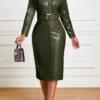 Blackish Green Belted Long Sleeve Bodycon Dress -Modlily Shop 319170 P 16678155218010