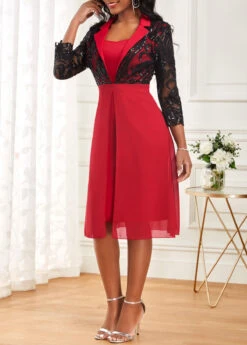 Wine Red Embroidery Three Quarter Length Sleeve Dress -Modlily Shop 319196 P 16734399360792