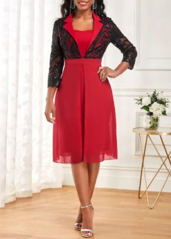 Wine Red Embroidery Three Quarter Length Sleeve Dress -Modlily Shop 319196 P 16734399367443
