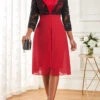 Wine Red Embroidery Three Quarter Length Sleeve Dress -Modlily Shop 319196 P 16734399368990