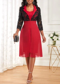 Wine Red Embroidery Three Quarter Length Sleeve Dress