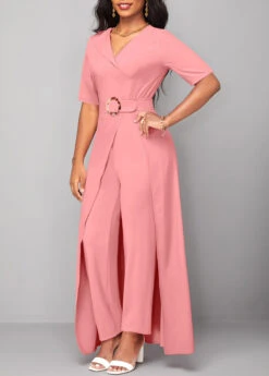 Pink Belted Short Sleeve V Neck Jumpsuit -Modlily Shop 319200 P 16709225200342