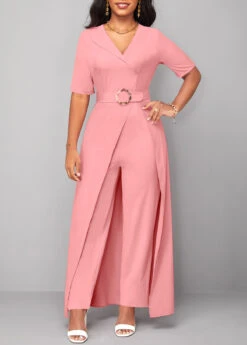 Pink Belted Short Sleeve V Neck Jumpsuit -Modlily Shop 319200 P 16709225204123