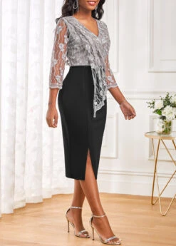 Black Lace Three Quarter Length Sleeve Bodycon Dress -Modlily Shop 319201 P 16733503500312