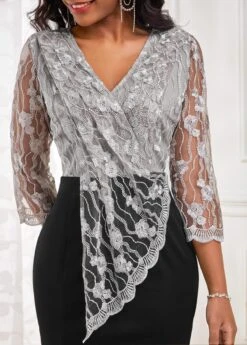 Black Lace Three Quarter Length Sleeve Bodycon Dress -Modlily Shop 319201 P 16733503505704