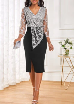 Black Lace Three Quarter Length Sleeve Bodycon Dress -Modlily Shop 319201 P 16733503507923