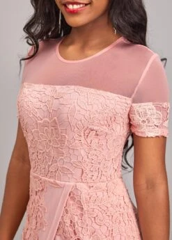 Light Pink Lace Short Sleeve Round Neck Bodycon Dress -Modlily Shop 319202 P 16752517530793