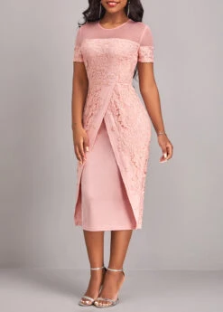Light Pink Lace Short Sleeve Round Neck Bodycon Dress -Modlily Shop 319202 P 16752517533422