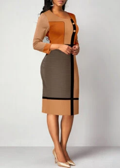 Light Camel Patchwork Geometric Print Bodycon Dress -Modlily Shop 319307 P 1670924418865