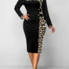 Black Patchwork Leopard Long Sleeve Bodycon Dress
