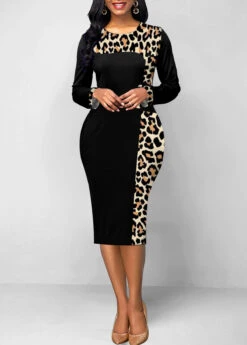 Black Patchwork Leopard Long Sleeve Bodycon Dress -Modlily Shop 319308 P 1670202082771