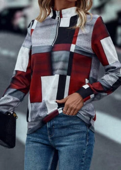 Deep Red Zipper Geometric Print Long Sleeve Sweatshirt -Modlily Shop 319426 P 16692861041514