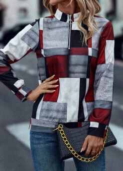 Deep Red Zipper Geometric Print Long Sleeve Sweatshirt -Modlily Shop 319426 P 16692861042925