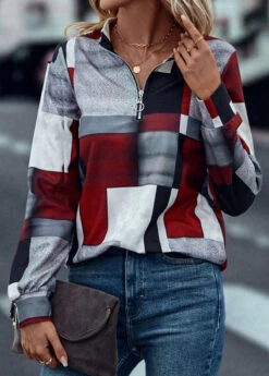 Deep Red Zipper Geometric Print Long Sleeve Sweatshirt -Modlily Shop 319426 P 16692861046102