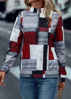 Deep Red Zipper Geometric Print Long Sleeve Sweatshirt -Modlily Shop 319426 P 16692861049163