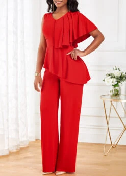 Red Ruffle Sleeveless V Neck Jumpsuit -Modlily Shop 319495 P 16717050810732