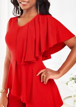 Red Ruffle Sleeveless V Neck Jumpsuit -Modlily Shop 319495 P 16717050813085