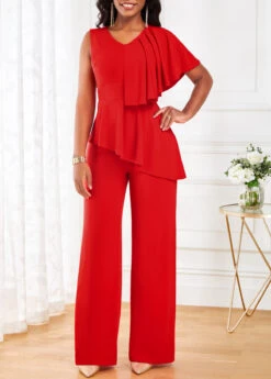 Red Ruffle Sleeveless V Neck Jumpsuit -Modlily Shop 319495 P 16717050815913