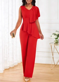 Red Ruffle Sleeveless V Neck Jumpsuit -Modlily Shop 319495 P 16717050817950