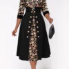 Black Split Neck Button Random Floral Print Dress