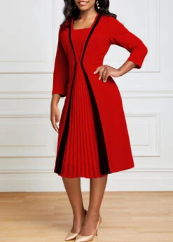 Red Pleated Hem Square Neck Dress -Modlily Shop 319775 P 16684196601602