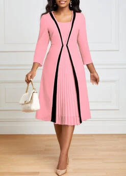 Pink Pleated Hem Square Neck Dress
