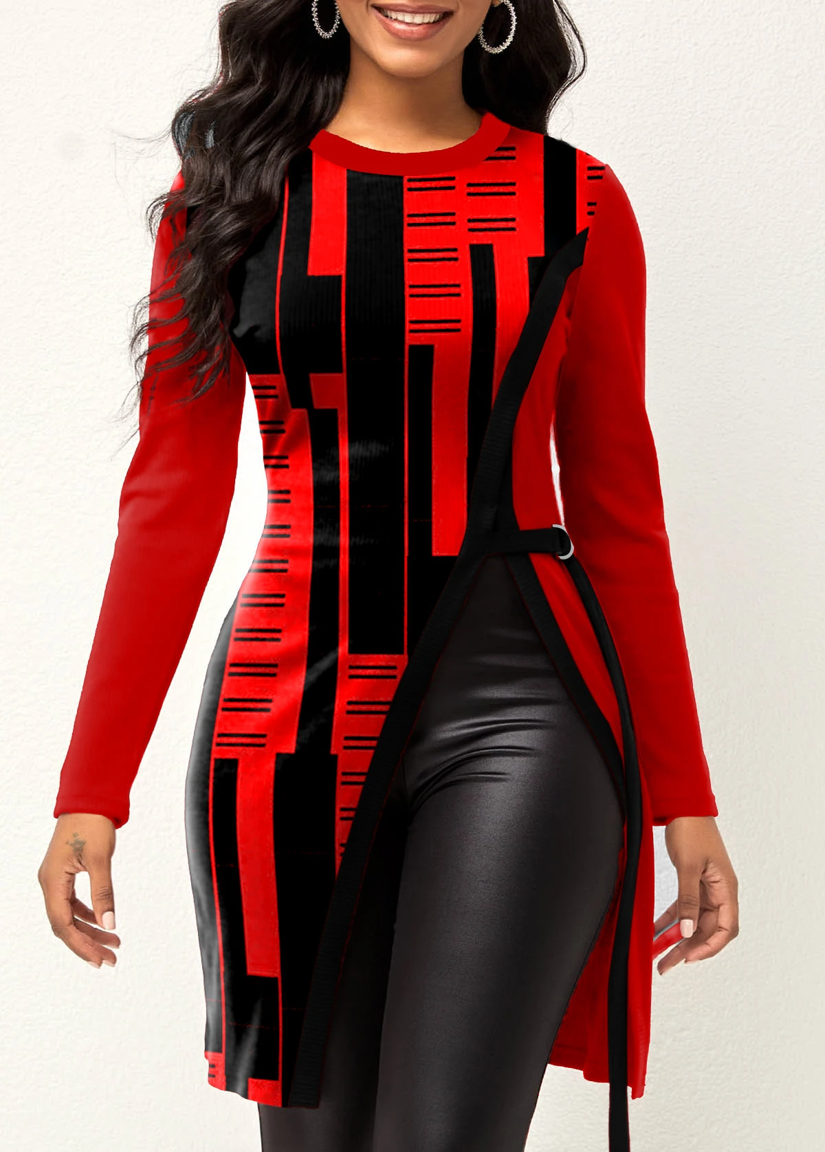 Red Split Geometric Print Long Sleeve T Shirt 3 Red Split Geometric Print Long Sleeve T Shirt