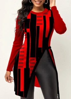 Red Split Geometric Print Long Sleeve T Shirt 7 Red Split Geometric Print Long Sleeve T Shirt -Modlily Shop 319941 P 1669084953627