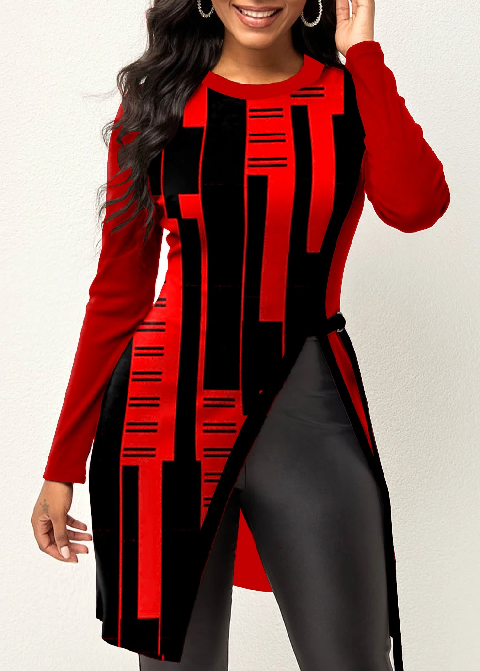 Red Split Geometric Print Long Sleeve T Shirt 5 Red Split Geometric Print Long Sleeve T Shirt - Image 3