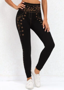 Black Ditsy Floral Print High Waisted Leggings -Modlily Shop 320031 P 16698997095703