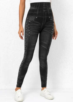 Beaded Black High Waisted Ankle Length Leggings -Modlily Shop 320052 P 16687644488902
