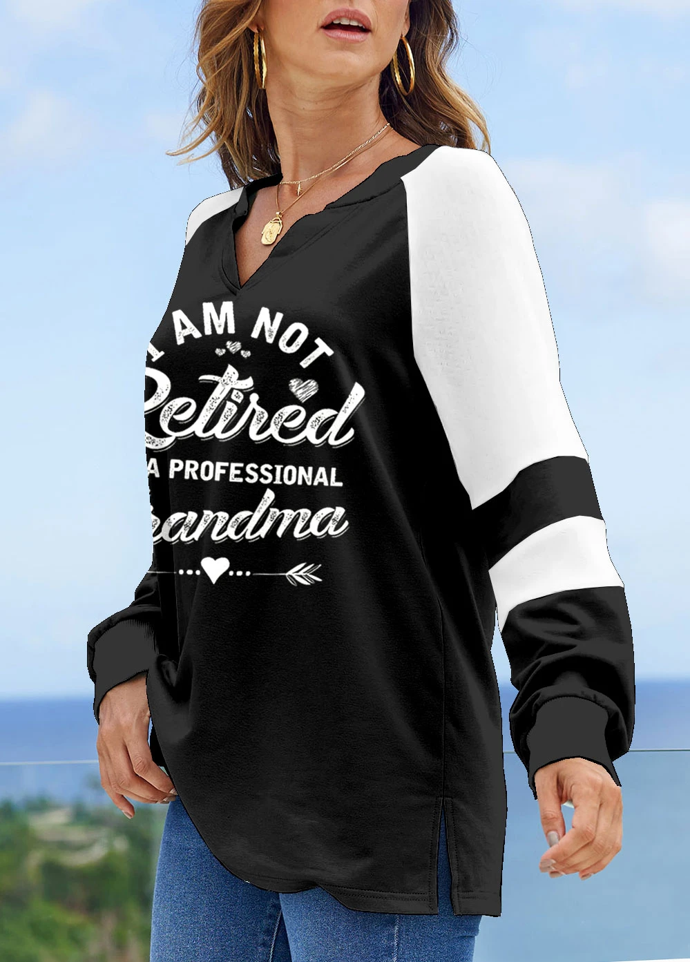 Black Letter Print Long Sleeve V Neck Sweatshirt 5 Black Letter Print Long Sleeve V Neck Sweatshirt - Image 3