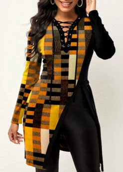 Yellow Split Geometric Print Long Sleeve T Shirt -Modlily Shop 320240 P 1668839987122