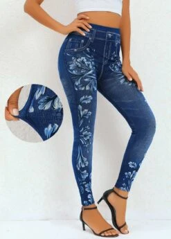 Navy Floral Print High Waisted Ankle Length Leggings
