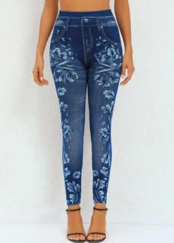 Navy Floral Print High Waisted Ankle Length Leggings -Modlily Shop 320243 P 16698996373372