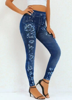Navy Floral Print High Waisted Ankle Length Leggings -Modlily Shop 320243 P 16698996374114